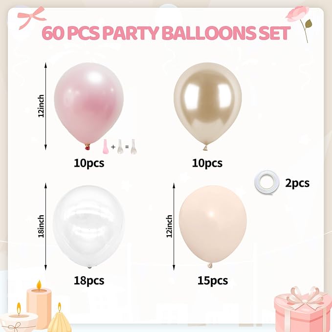 Dusty Pink and Gold Balloons, 60PCS Double Stuffed Pearl Blush Pink Balloons, 12 Inch Apricot Champagne Gold Clear Balloons Helium for Women Girls Boho Birthday Wedding Bridal Shower Party Decorations