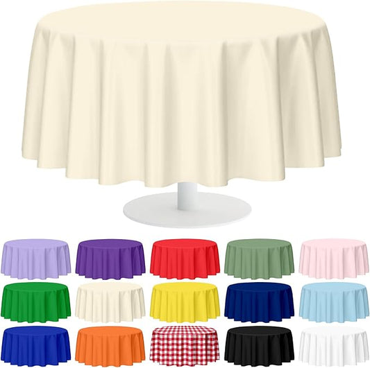 Mulbozy 12 Pack Ivory Round Tablecloth, 84 Inches Plastic Table Cover, Premium Disposable Round Party Tablecloth for Restaurant Dinners, Wedding, Grad Party, Baby Shower, Outdoor Camping