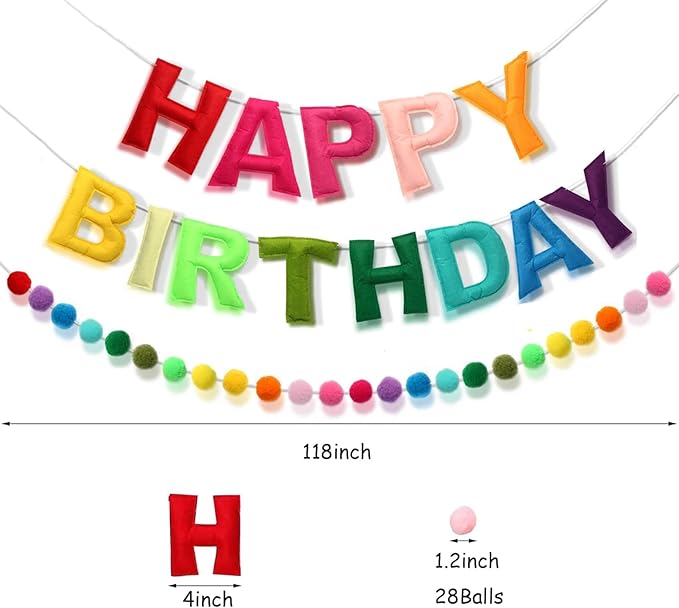 Happy Birthday Banner, Rainbow Color Felt Ball Garland Rainbow Decorations Personalized Sign for Birthday Decor Party Decor Photo Prop