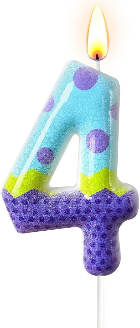 Number 4 Birthday Candle for Cake – Colorful Polka Dot & Patchwork Design – Fun Cake Topper Decoration for Birthday Celebration