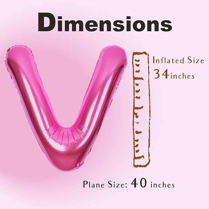 SUWEN 40 Inch Hot Pink Large V Letter Balloons Big Foil Helium Letter Balloons A-Z Jumbo Mylar Happy Birthday Party Decorations for Woman Anniversary Party Supplies