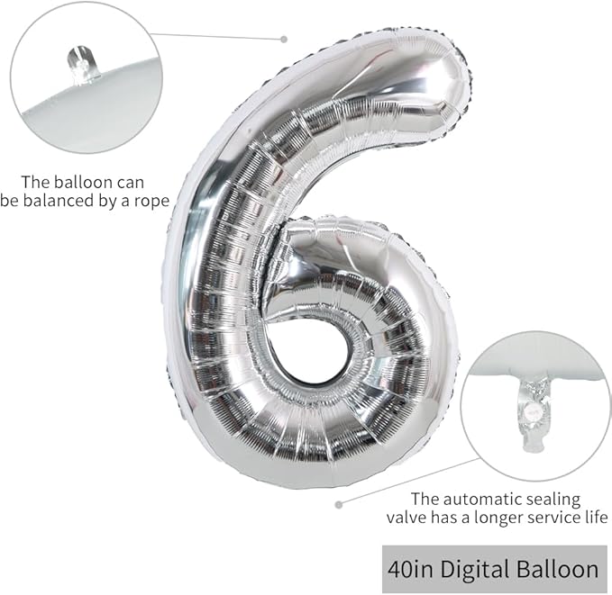TONIFUL 40 Inch Silver Large Numbers Balloons 0-9, Number 6 Digital 6 Helium Foil Mylar Big Number Balloons for 2026 Graduation New Year Eve Birthday Party Anniversary Supplies Decorations