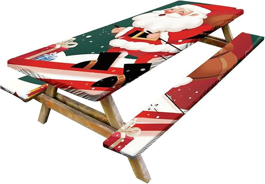 Picnic Table Cover with Bench Covers Set of 3, Elastic Fitted Tablecloth for 6 Foot Tables, Washable Polyester Tablecloths for Camping, Indoor & Outdoor