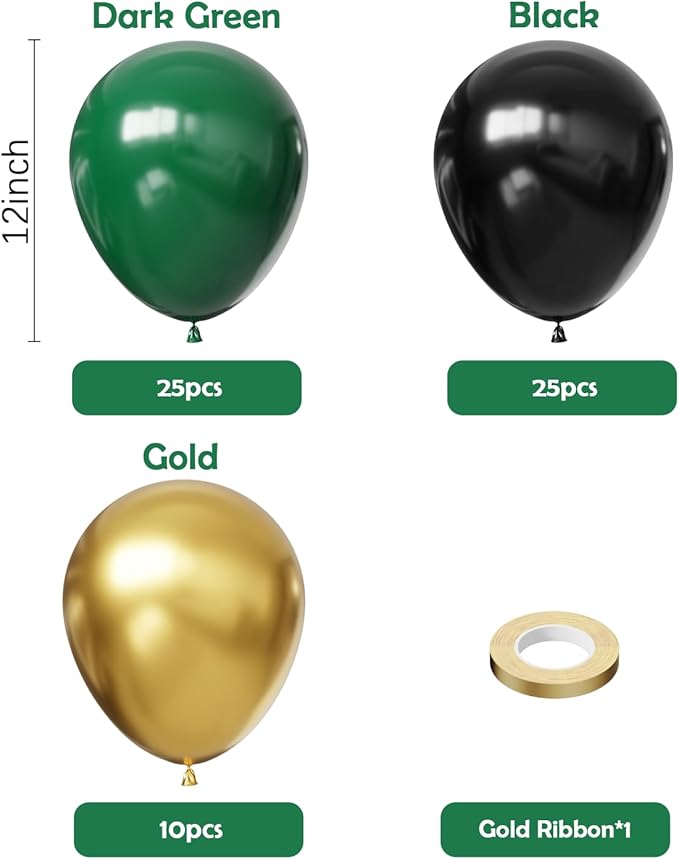Hiquaty Green and Gold Balloons,60pcs Dark Green Balloons,12 inch Gold Balloons and Black Balloons with Gold Ribbon for St. Patrick's Day Party Wedding Bridal Shower Decorations