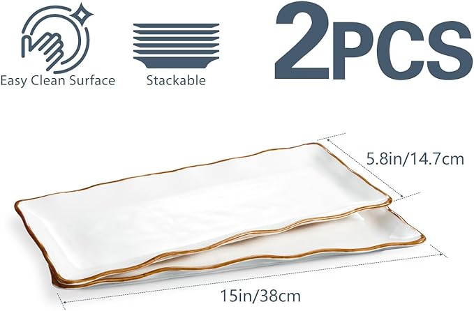 ONEMORE Large Serving Platters, 15 inch Serving Plates Set of 2, Ceramic Platters for Serving Food, Oven Safe Serving Trays and Platters for Entertaining Party, Creamy White