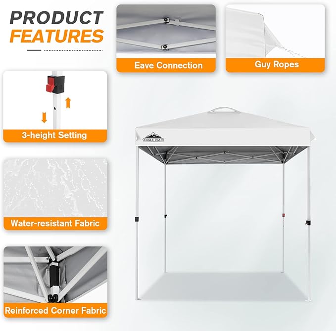 EAGLE PEAK Pop Up Canopy Tent with Wheeled Carry Bag, 8 Stakes, 4 Ropes, Easy Set Up Tent Canopy, 6.6x6.6 ft, White
