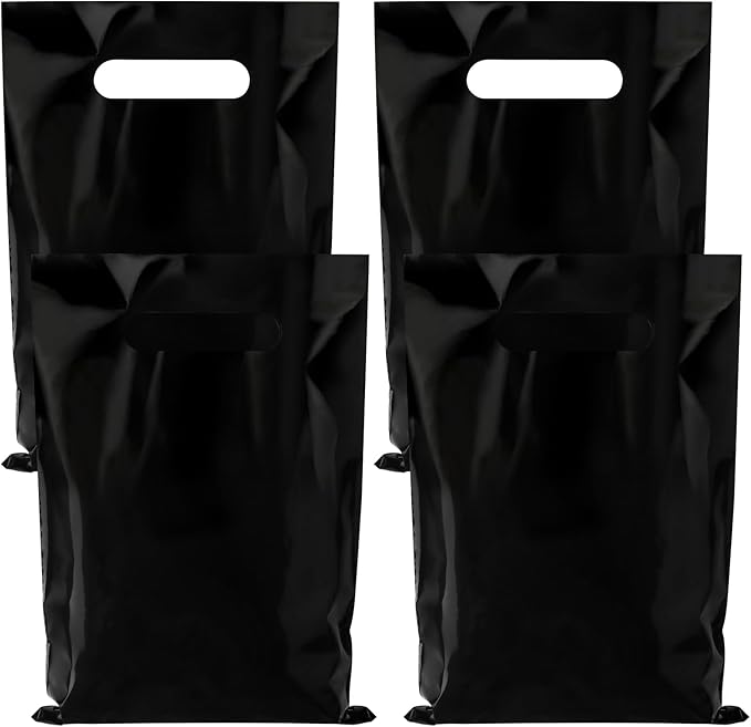 Hxezoc 50 Pieces Black Gift Bags with Handle, Plastic Treat Candy Jewelry Bag Black Party Favor Bag for Baby Shower Birthday Party Decoration Supplies