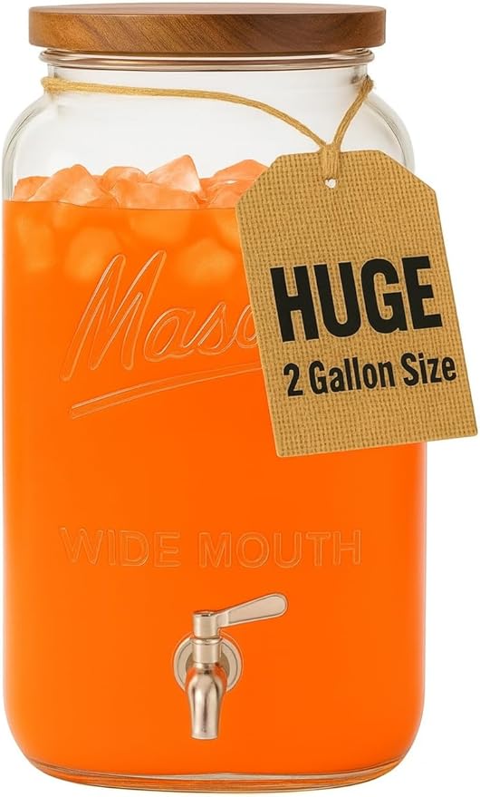Kitchentoolz 2 Gallon Glass Beverage Dispenser with Wooden Lid – Large Square Mason Jar Drink Container with Stainless Steel Spigot – Big Batch Iced Tea, Lemonade, Water, or Party Drinks