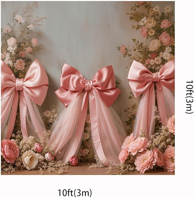 Kate 10x10ft Elegant Pink Floral Cute Bow Backdrops for Photography Romantic Wedding Background Happy Birthday Party Pricess Decoration Backdrop