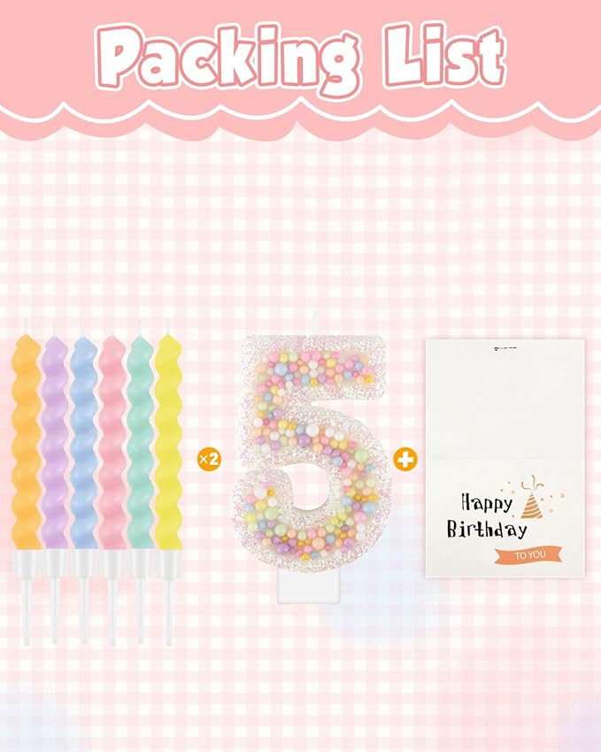 Birthday Candles for Cake, Pink Number Candles, Cake Candles with Greeting Card for Birthday Party Wedding Anniversary Celebrations（5 Candle,White Number Macaron）