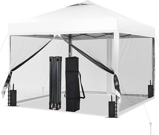 GDY 10x10 Pop up Canopy Tent with Mosquito Netting, Easy up Gazebo for Patio, Camping and Garden, Includes 4 Sandbags, White