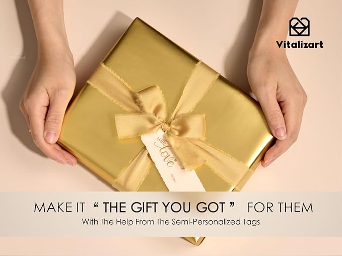 Vitalizart Gold Matte Metallic Wrapping Paper Set 30" With Silk Satin Ribbon & Gift Tags Christmas Gift Wrapping Birthday Baby Shower Wedding Bouquets Handmade Crafts 197"(16.4 Ft) Gold Ribbon