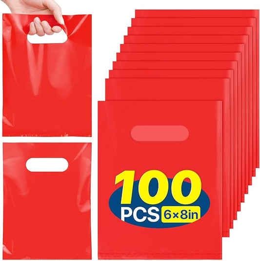 ANZNKU Red Party Favor Bags 100 Pcs, Goodie Bags Small Gift Bag for Kids Birthday Party, Wedding, Portable Treat Bag for Easter Candy, Goodies, Crafts(5.9x7.9 inch)