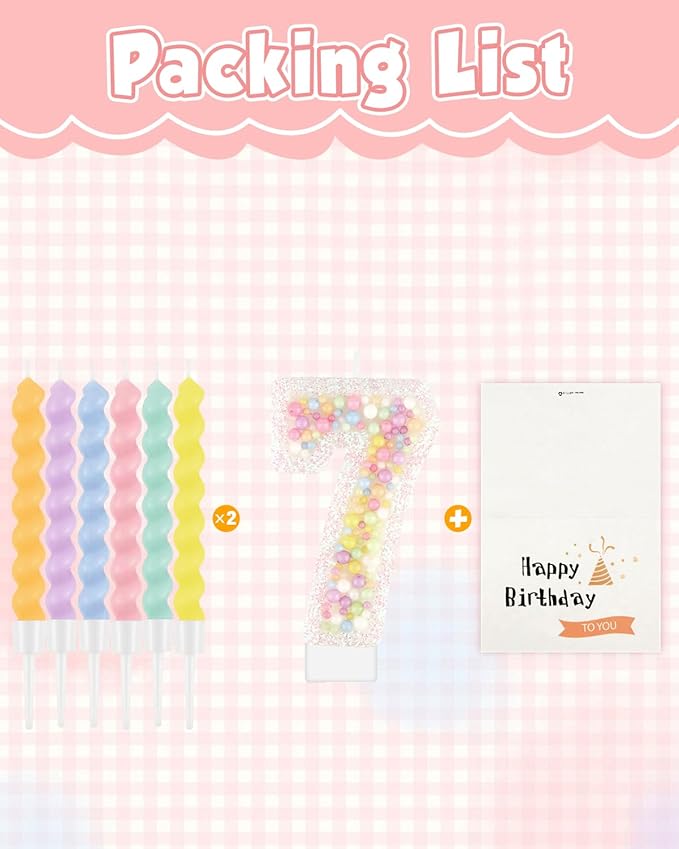 Birthday Candles for Cake, Pink Number Candles, Cake Candles with Greeting Card for Birthday Party Wedding Anniversary Celebrations（7 Candle,White Number Macaron）