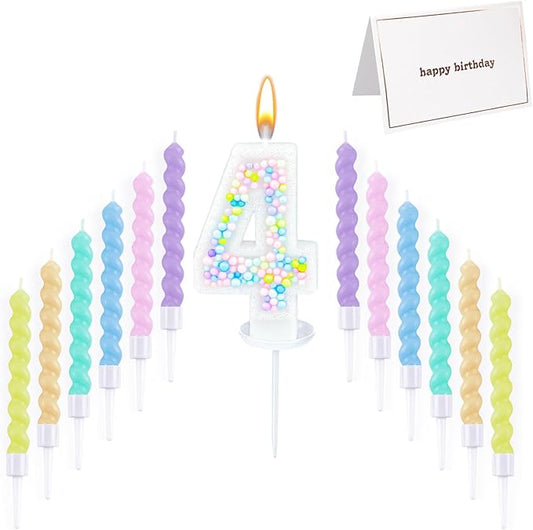 Number Birthday Candle with 12PCS Spiral Candles and A Birthday Card - Perfect for Celebrating Birthdays (Macaron Glitter, Number 4)