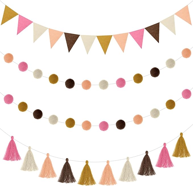 Irenare 9.8 ft Pom Pom Garland Felt Rainbow Garland 2026 Graduation Party Decoration Colorful Pennant Tassel Banner Back to School Birthday Triangle Banner for Classroom School Mantel(Boho Color)
