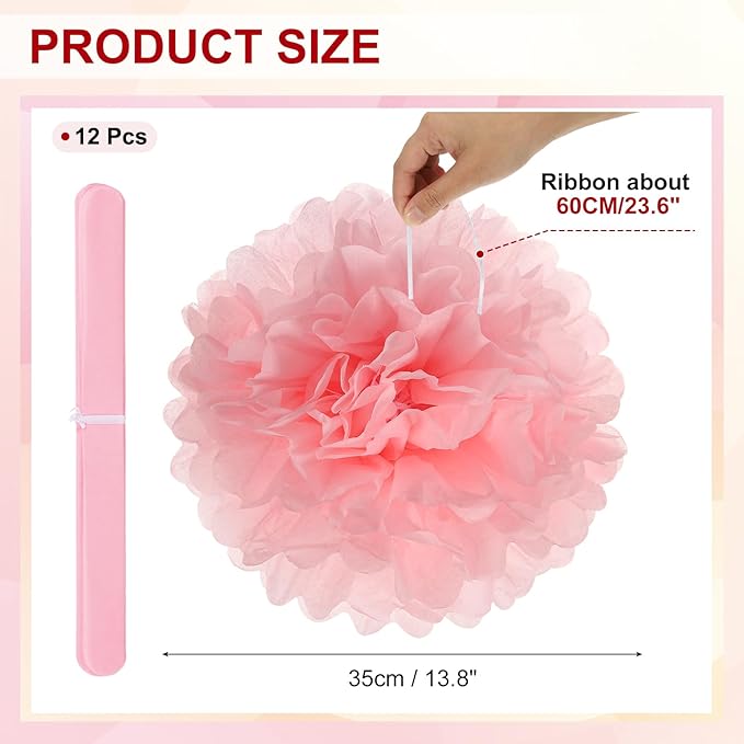 PATIKIL 14inch Tissue Paper Pom Poms, 12PCS Pom Poms Paper Flowers Ball Tissue Paper Flowers for Wedding Bridal Shower Birthday Bachelorette Party Backdrop Decoration, Light Pink