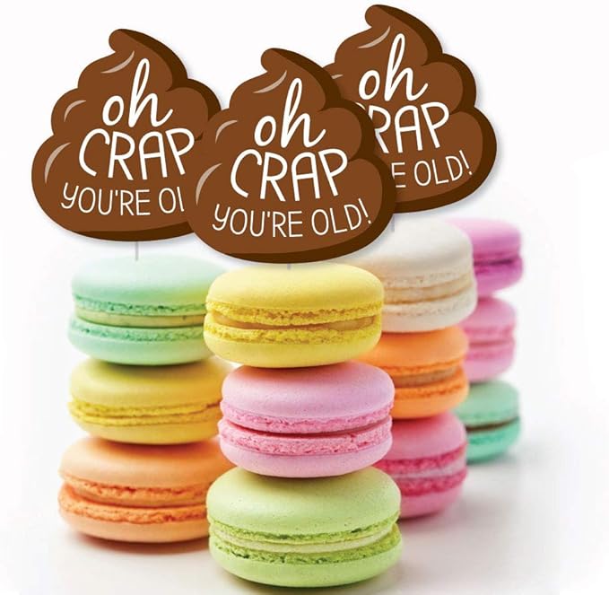 Big Dot of Happiness Oh Crap, You're Old - Dessert Cupcake Toppers - Poop Birthday Party Clear Treat Picks - Set of 24