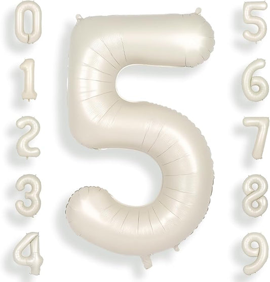 SUWEN 40 Inch Cream White Large 5 Number Balloons Big Foil Helium Number Balloons 0-9 Jumbo Happy 5th Mylar Birthday Party Decorations for Boy or Girl Anniversary Party Supplies