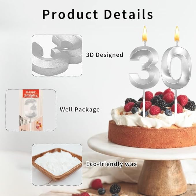 30th Birthday Candles Silver 30th Birthday Cake Topper Happy Birthday Decorations Number Candles for Cake Birthday Decorations for Him Her Silver Birthday Candle Candles for Cake Candles