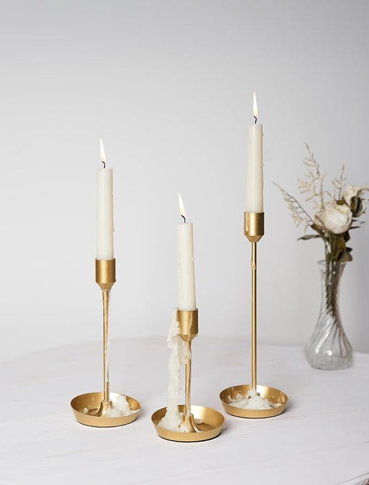 NUPTIO Taper Candle Holders for Centerpiece: 3 Pcs Matte Gold Candlestick Holder for Wedding - Brass Tall Candle Stick Holder for Christmas Party Dinner Table Fireplace Decor