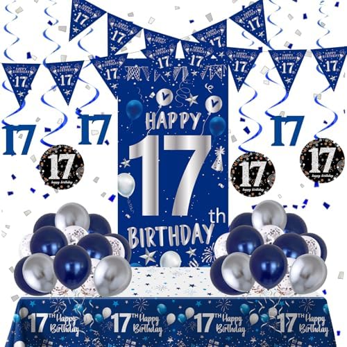 17th Birthday Decorations for Boys Girls, Blue 17 Year Old Party Supplies