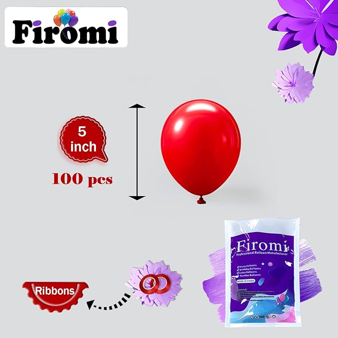 Firomi Small Red Balloons 5-inch 100 Pack Helium Matte Round Thicken Latex Red Balloon for Birthday Party Wedding (with 2 Ribbons)