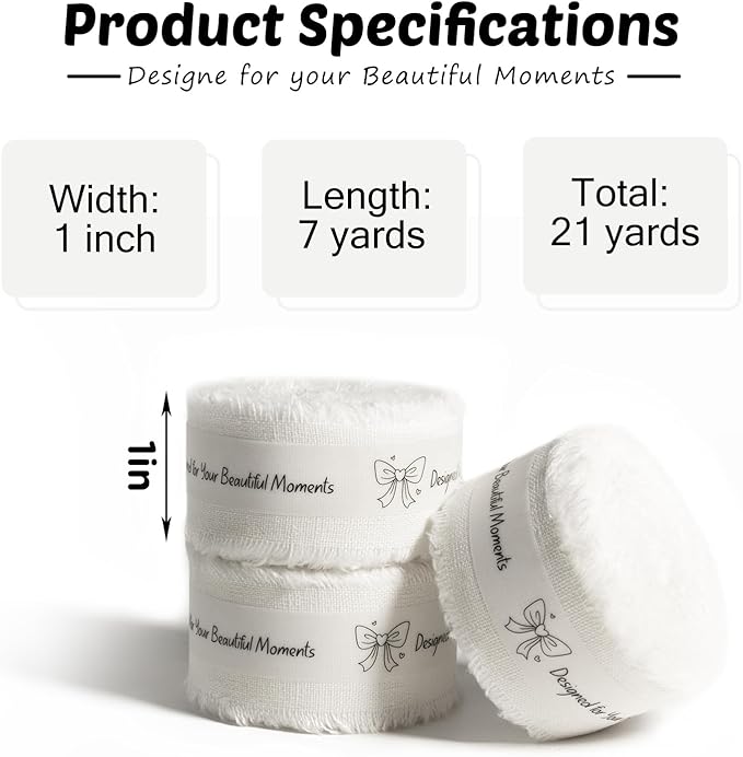 White Cotton Ribbon 1 Inch White 3 Rolls 21 Yards Frayed Edge Fabric Set for Wedding Invitations, Bridal Bouquet Wrap, Baby Shower, Christening & Gift Wrapping
