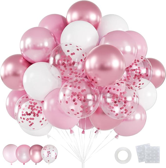 60pcs Pink Balloons Set, 12inch White and Metallic Pastel Baby Pink Confetti Balloons for Wedding Bridal Shower Baby Shower Women Girl Princess Birthday Decorations