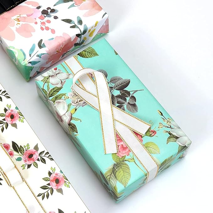 Gift Wrapping Paper Girls Women, 12 Sheets Floral Birthday Wrapping Paper, Pink Green Colorful Folded Gift Wrapping Paper for Birthday Valentines Day Bridal Shower Mother's Day, 19.6 x 27.5 Inches