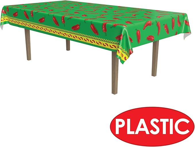 Beistle Chili Pepper Tablecovers, 54” x 108”, 2 Pieces – Plastic Table Cloth, Rectangular Tablecloth, Cinco De Mayo Tablecloth, Fiesta Party Decorations, Cinco De Mayo Decorations,Green/Red/Yellow