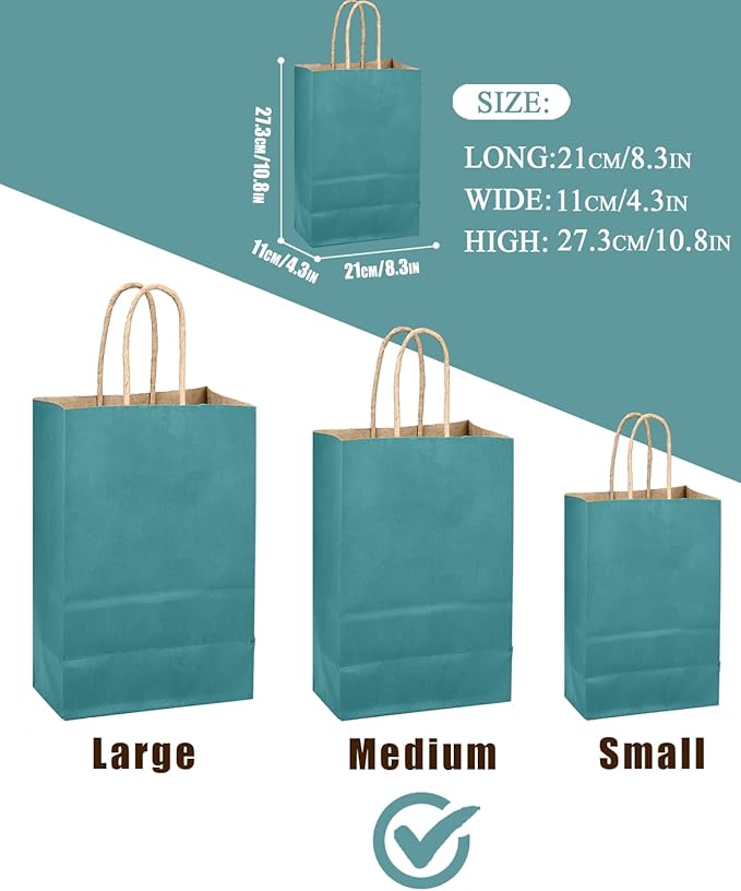 qiqee Slate Blue Gift Bag with Handles Bulk 24Pcs Paper Bags -10.6"x8.3"x4.3"Party Favor Bags - Solid Color