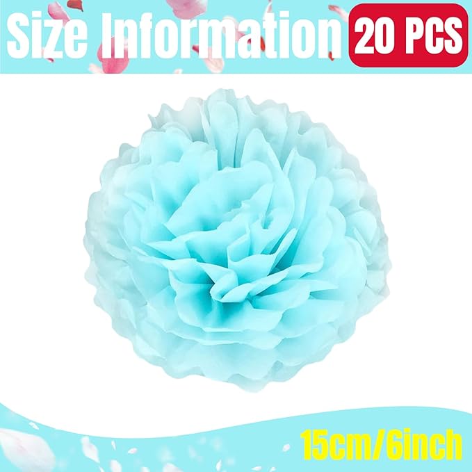 Qimoo 20pcs Light Blue Paper Pom Poms Decorations, DIY Decorative Tissue Paper Pom-poms Flowers Ball for Party Wedding Outdoor Decoration