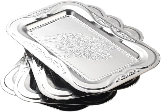 4-Pack Small Silver Serving Trays Set - ZENOVLUX Lightweight Bow Floral Engraved Mirror Decorative Tray, 11.4" x 7" Wedding Party Platters for BBQ, Food, Appetizer, Charcuterie, Cookies, Desserts
