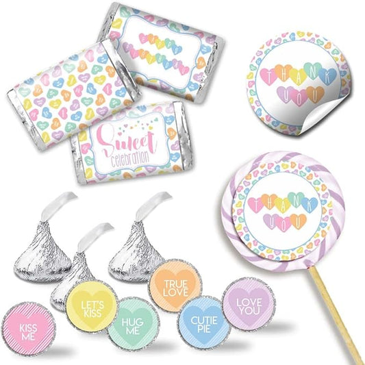 Amanda Creation Valentine Pastel Candy Heart Birthday Party Sticker Bundle Kit - 429 pieces! Includes 2" Circle Stickers for Favors, Mini Candy Bar Wrappers & Round Candy Kiss Stickers