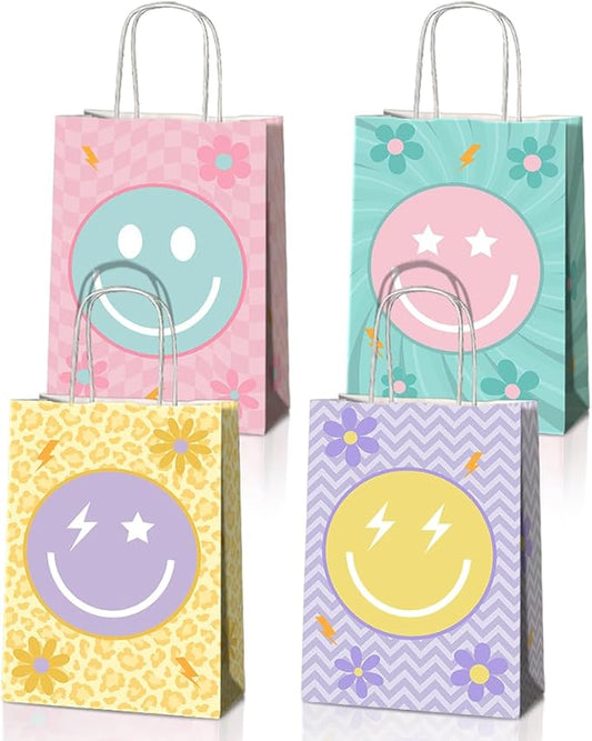 JOYGATHER 24 Pcs Smile Face Party Favors Bags with Handles, Pastel Goodie Bags, Gift Bags, Candy Bags with 4 Different Types, Groovy Kraft Paper Bags for Birthday Party Supplies Baby Shower Decorations