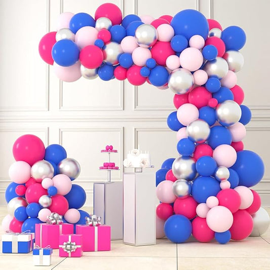 Hot Pink Blue Balloon Garland Arch Kit, 122PCS Pink Silver Royal Blue Balloons for Wedding Engagement Birthday Anniversary Baby Shower Girl or Boy Baby Gender Reveal Party Decorations