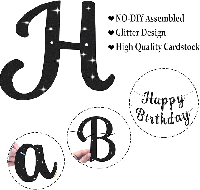 Black Happy Birthday Banner Signs Glitter Happy Birthday Sign Garlands for Women Men Birthday Party Decorations Supplies