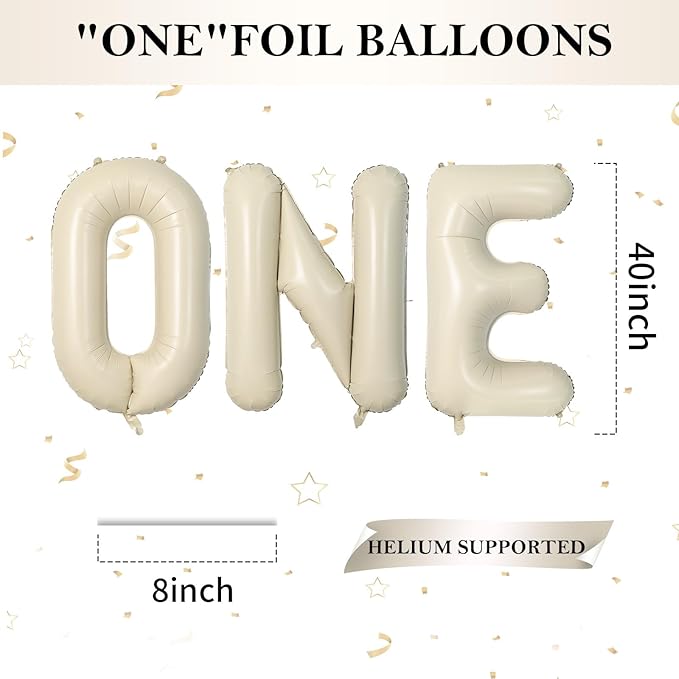 Biapian 40 Inch One Letter Balloons, Big Cream ONE Foil Balloons, 3 Pcs Giant Foil Large Aluminum Balloon Helium for Anniversary First One Year Old Girl and Boy 1st Birthday Party Decoration (Cream)
