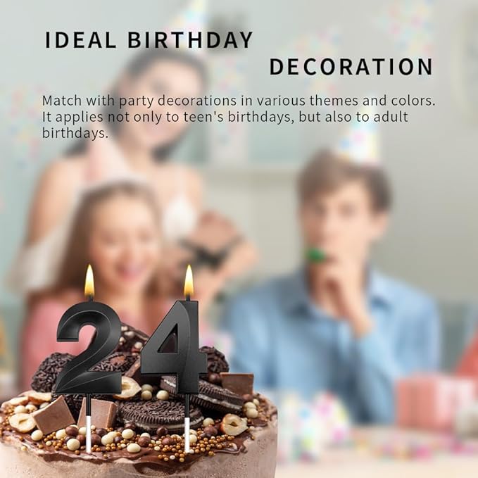 24th Birthday Candles 24 Candles for 24th Birthday Decorations for Boys Happy 24 Birthday Cake Topper Black Birthday Candles Black Number Candles (24)