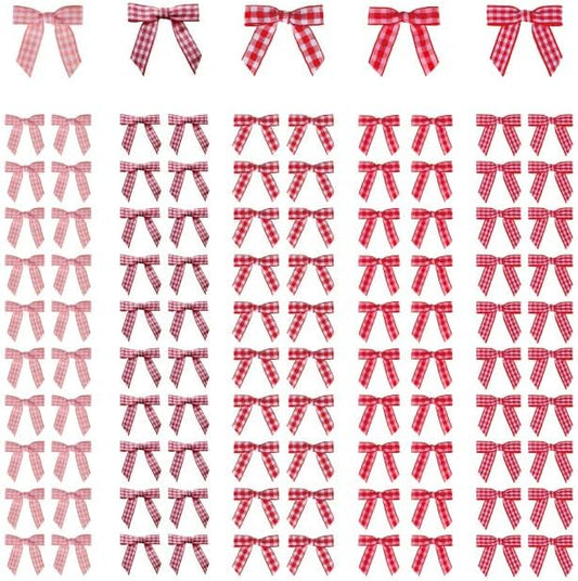 Meseey 100 Pcs 1.5 Inches Premade Gingham Craft Bows Self Adhesive Red/Pink/Hotpink Plaid Ribbon Bows for Treat Bags Gift Wrapping Basket Wedding Baby Shower Brithday Party (Red/Pink/Hotpink Plaid)