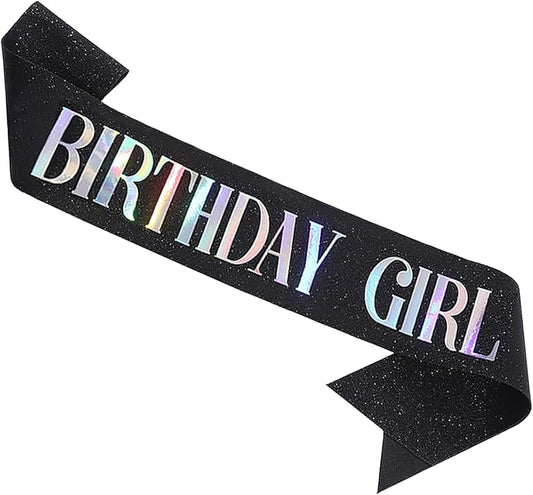 Birthday Sash for Girl, Dazzle Foil Letter Glitter Black Birthday Sash for Women Girl Kids Teenager Bday Gifts Party Favors Photo Prop