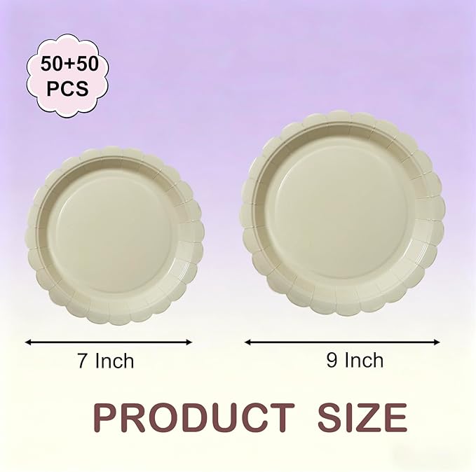 100 Pcs Scalloped Paper Plates, 7 Inch & 9 Inch Beige Paper Plates, Premium Heavy Duty Disposable Dessert Plates for Wedding, Valentine's, Birthdays, Baby Showers, Parties (Beige, 7 In & 9 In)
