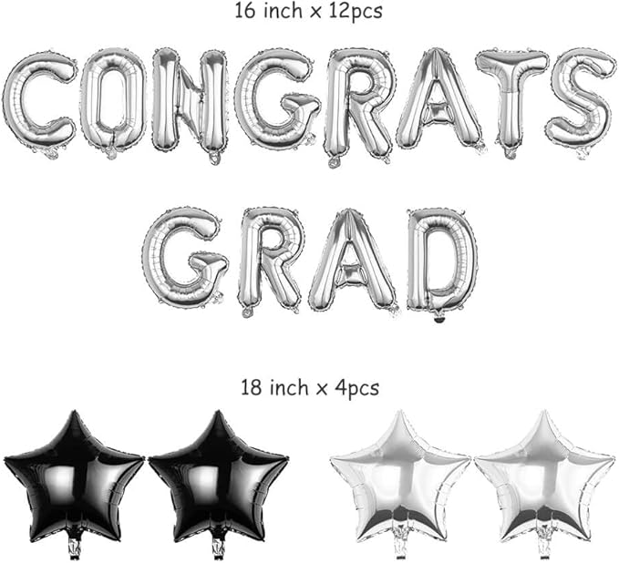 CONGRATS GRAD Silver Black Balloon Gift Set - Perfect Graduation Gift - Complete 19-Piece Party Kit with 16” Letters + 18" Stars - Ready-to-Give Celebration Package 2026