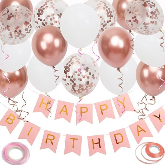 Happy Birthday Banner, Rose Gold Birthday Decoration, 16 pcs 12 inch Balloons with 2 Ribbons for Girl and Women Party Decoration