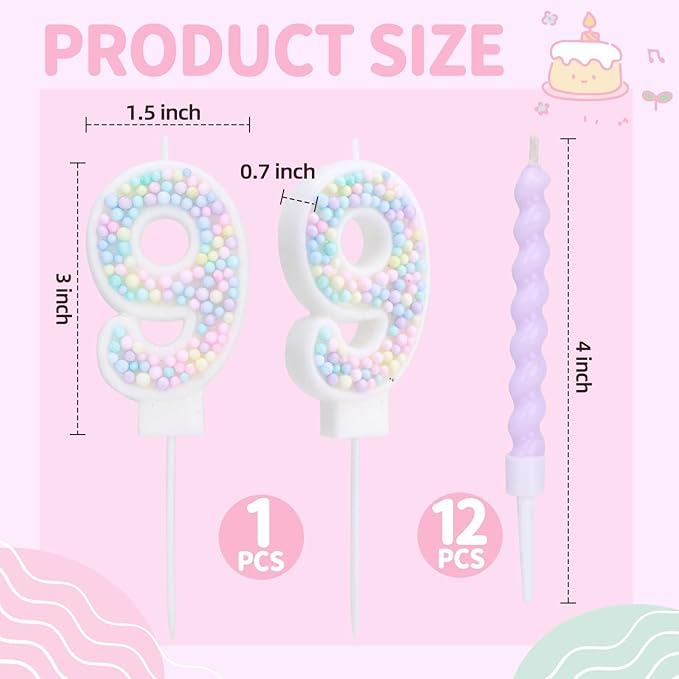Number 9 Birthday Candles for Cake with 20 Pieces Spiral Candles with Macaron Pastel Rainbow Pink Cake Toppers for Girls Happy Birthday Party Decorations