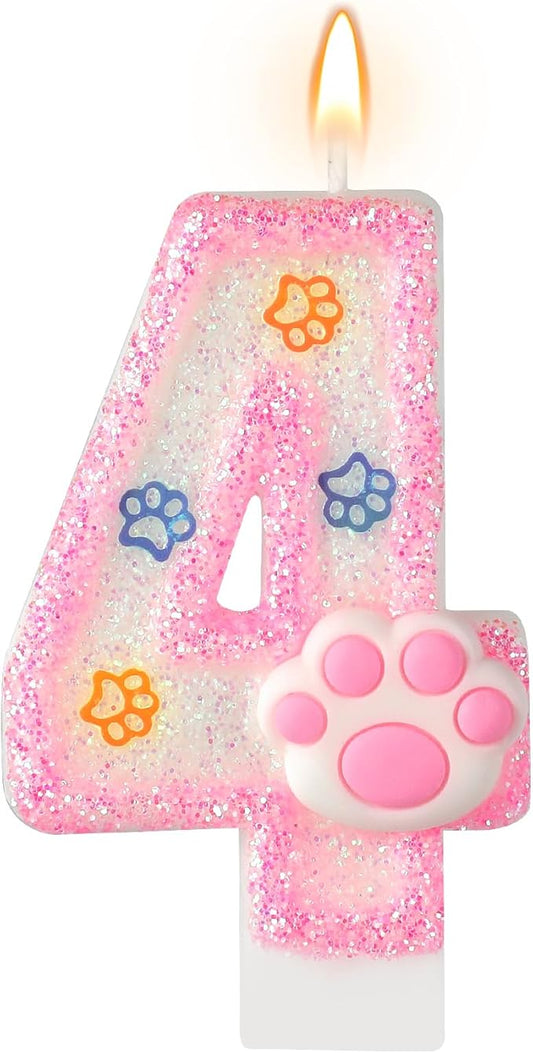 AKURIEEY Dog and Cat 4th Birthday Candle Pink Numbers 4 Candle Paw Cake Topper Cupcake Decorations for Pet Theme Party Decor Anniversary Celebrations Supplies