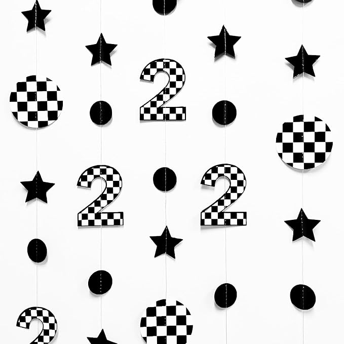 Two Fast Birthday Party Decorations Black & White Checkered 2nd Polka Dot Star Hanging Garland Banner for Checkered 2 Year Old Race Car 2 Fast 2 Curious Dirt Bike Birthday Decorations Supplies