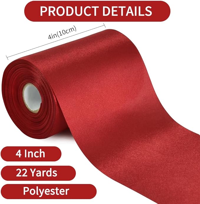 4 Inch x 22yd Wide Burgundy Dark Red Satin Ribbon Solid Fabric Large Ribbon for Cutting Ceremony Kit Grand Opening Chair Sash Table Hair Car Bows Sewing Craft Gift Wrapping Wedding Party Decoration