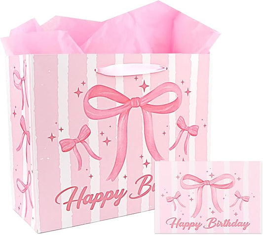 CIEHER Birthday Gift Bags with Greeting Card and Pink Tissue Papers for Birthday Gifts - Pink Bow Pattern